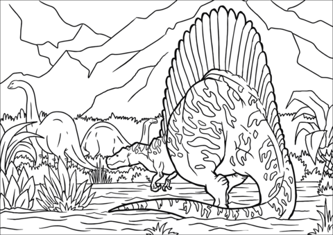 Spinosaur Hunting Coloring Page